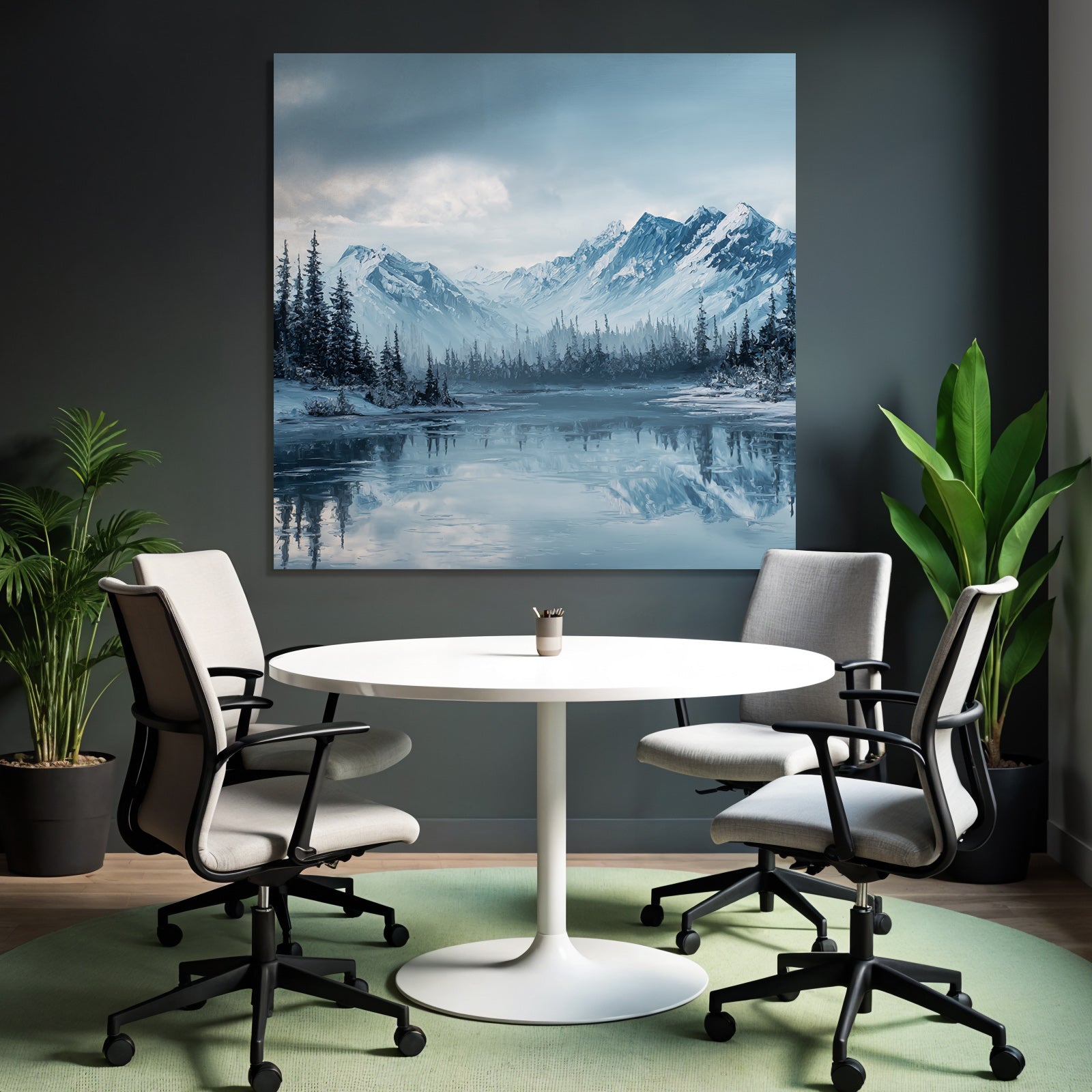 Winterlandschaft Mit Schneebedeckten Bergen Und Immergrünen Bäumen Am Ruhigen Wasser