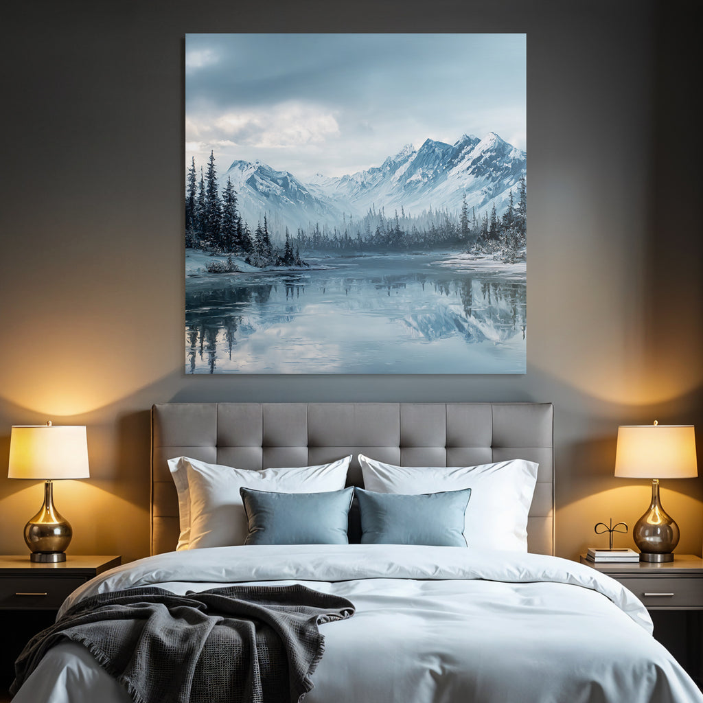 Winterlandschaft Mit Schneebedeckten Bergen Und Immergrünen Bäumen Am Ruhigen Wasser