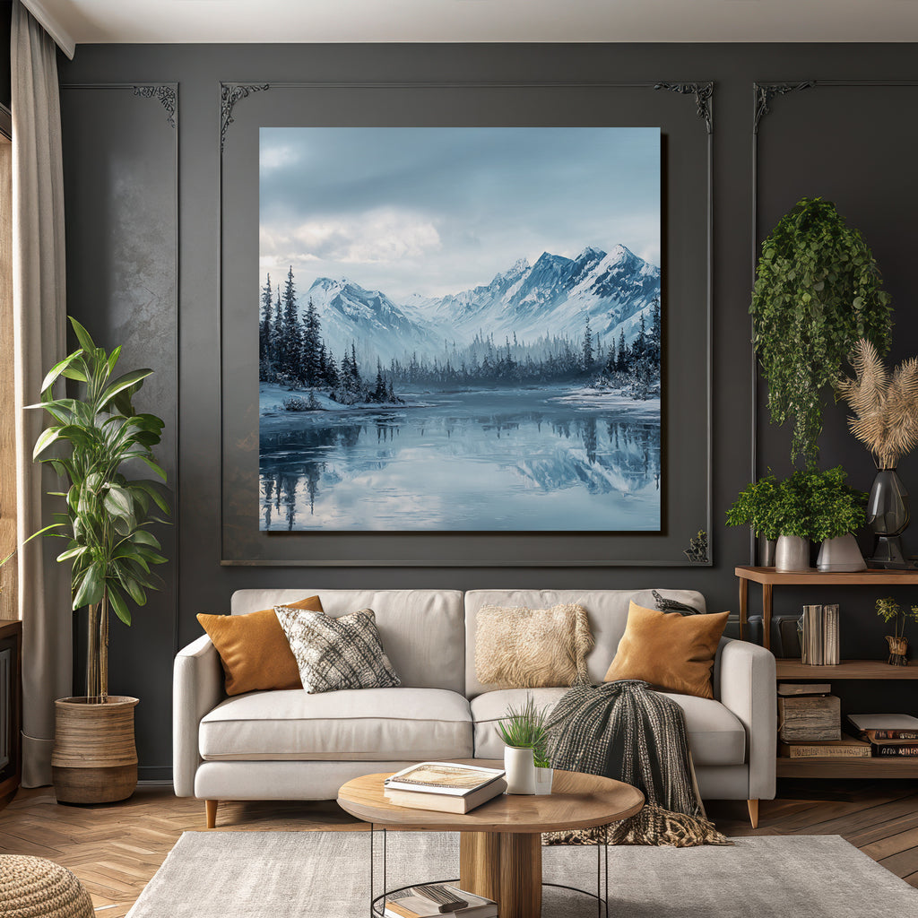 Winterlandschaft Mit Schneebedeckten Bergen Und Immergrünen Bäumen Am Ruhigen Wasser