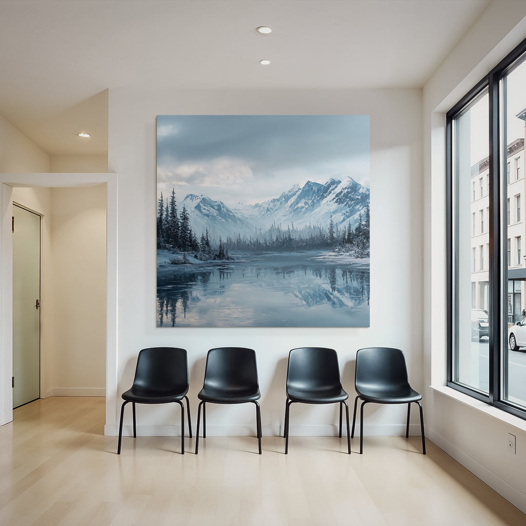 Winterlandschaft Mit Schneebedeckten Bergen Und Immergrünen Bäumen Am Ruhigen Wasser