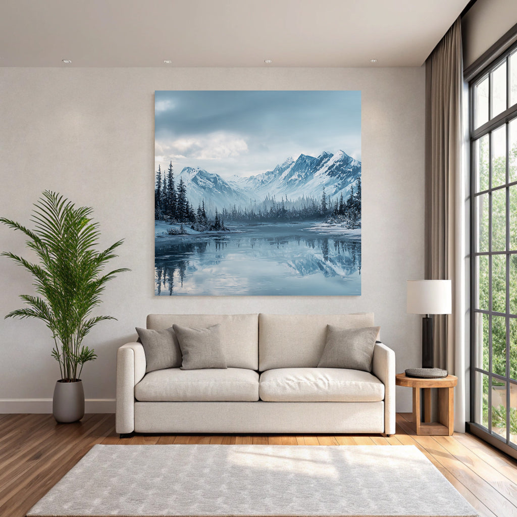 Winterlandschaft Mit Schneebedeckten Bergen Und Immergrünen Bäumen Am Ruhigen Wasser