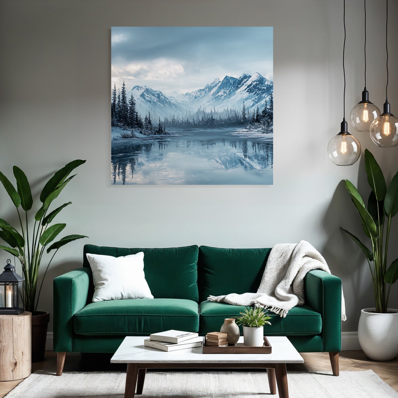 Winterlandschaft Mit Schneebedeckten Bergen Und Immergrünen Bäumen Am Ruhigen Wasser