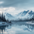 Winterlandschaft Mit Schneebedeckten Bergen Und Immergrünen Bäumen Am Ruhigen Wasser | Eis und Schnee | Natur