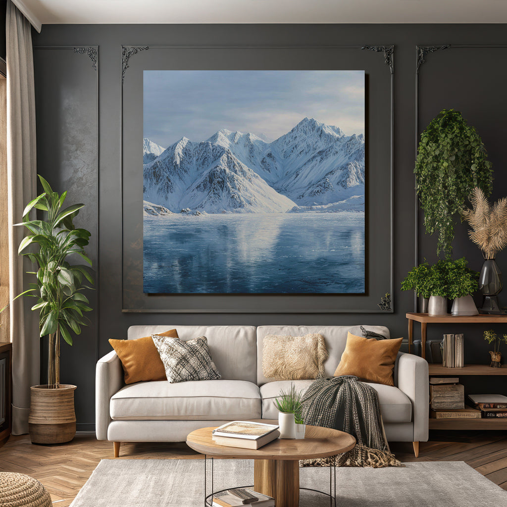Winterlandschaft Mit Schneebedeckten Bergen Und Spiegelndem Wasser