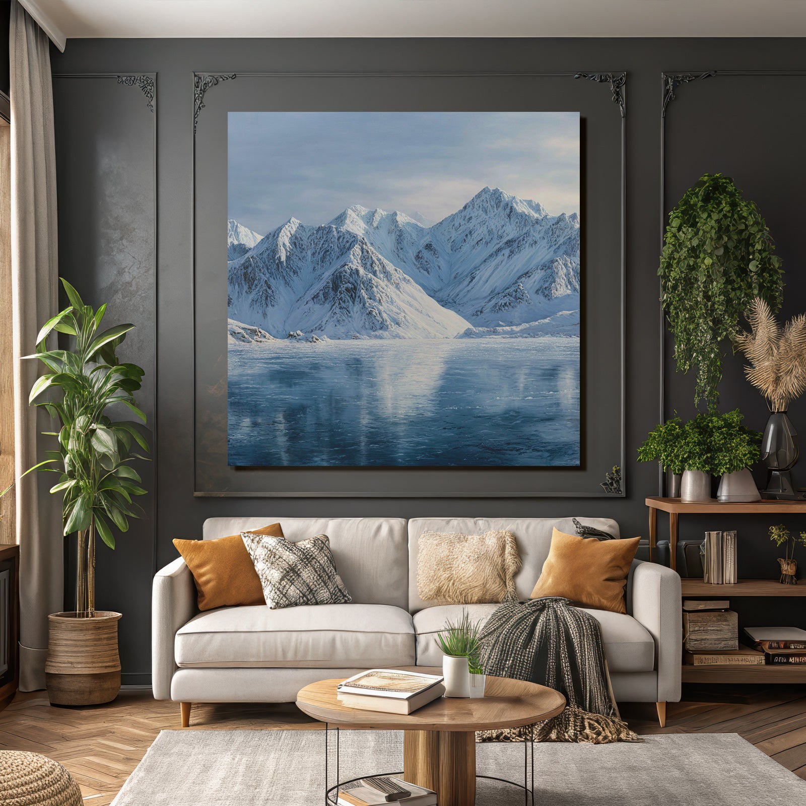 Winterlandschaft Mit Schneebedeckten Bergen Und Spiegelndem Wasser