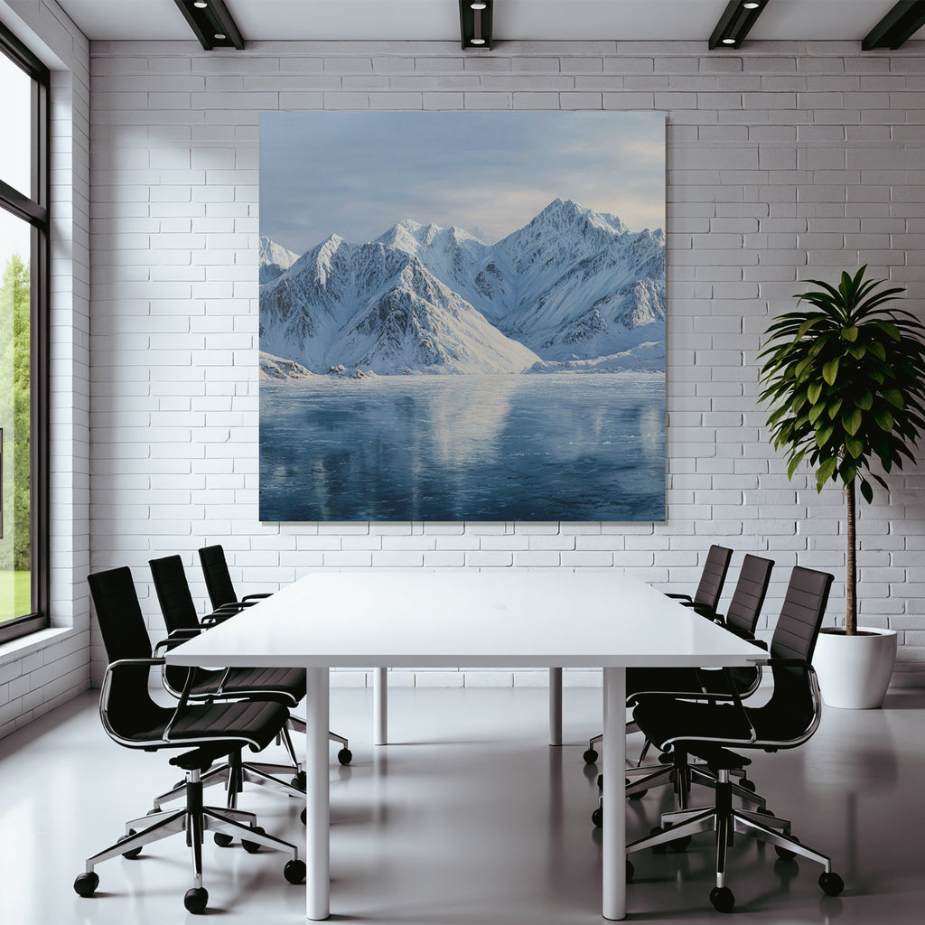 Winterlandschaft Mit Schneebedeckten Bergen Und Spiegelndem Wasser