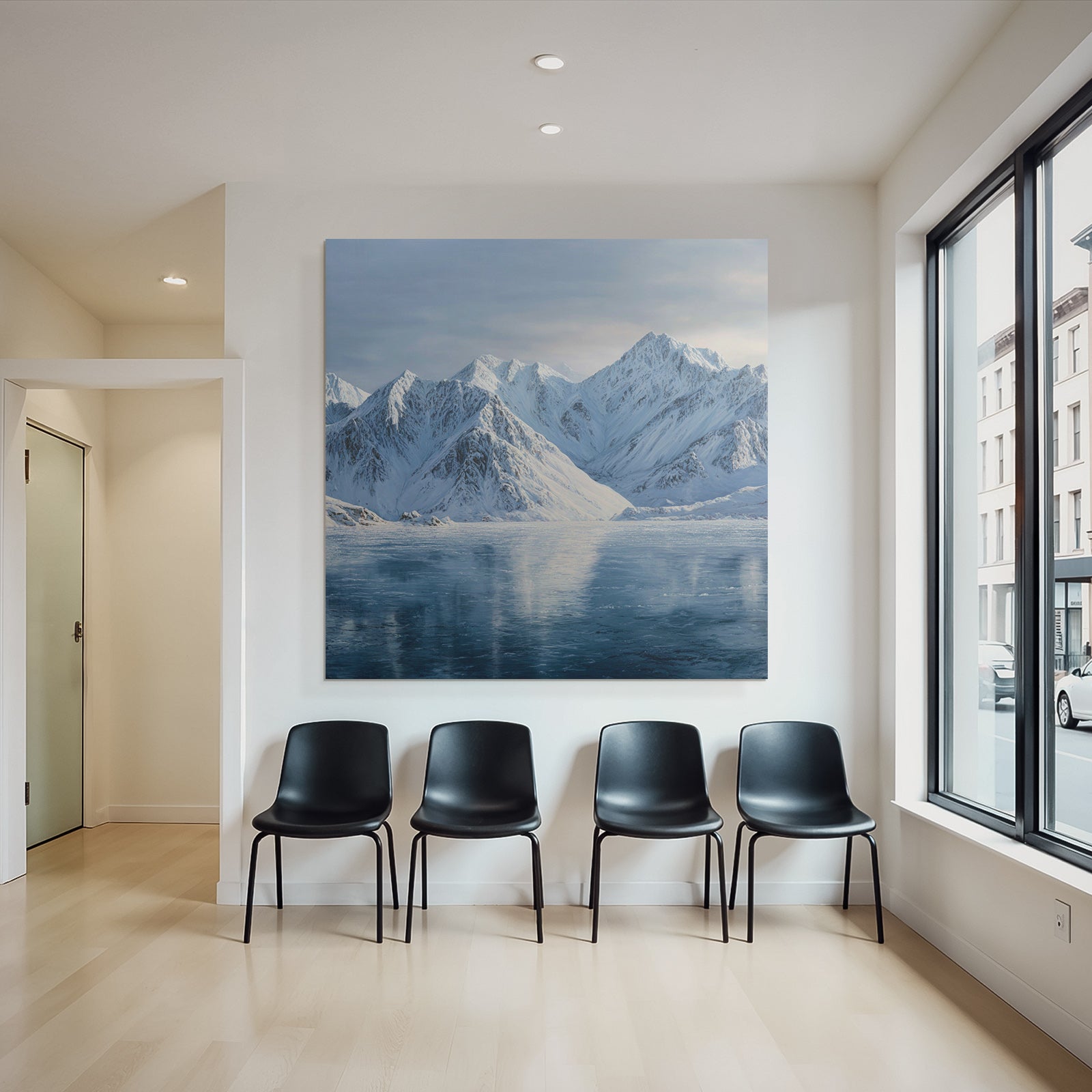 Winterlandschaft Mit Schneebedeckten Bergen Und Spiegelndem Wasser