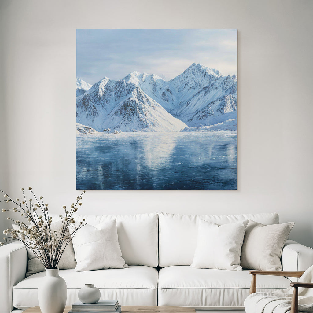 Winterlandschaft Mit Schneebedeckten Bergen Und Spiegelndem Wasser