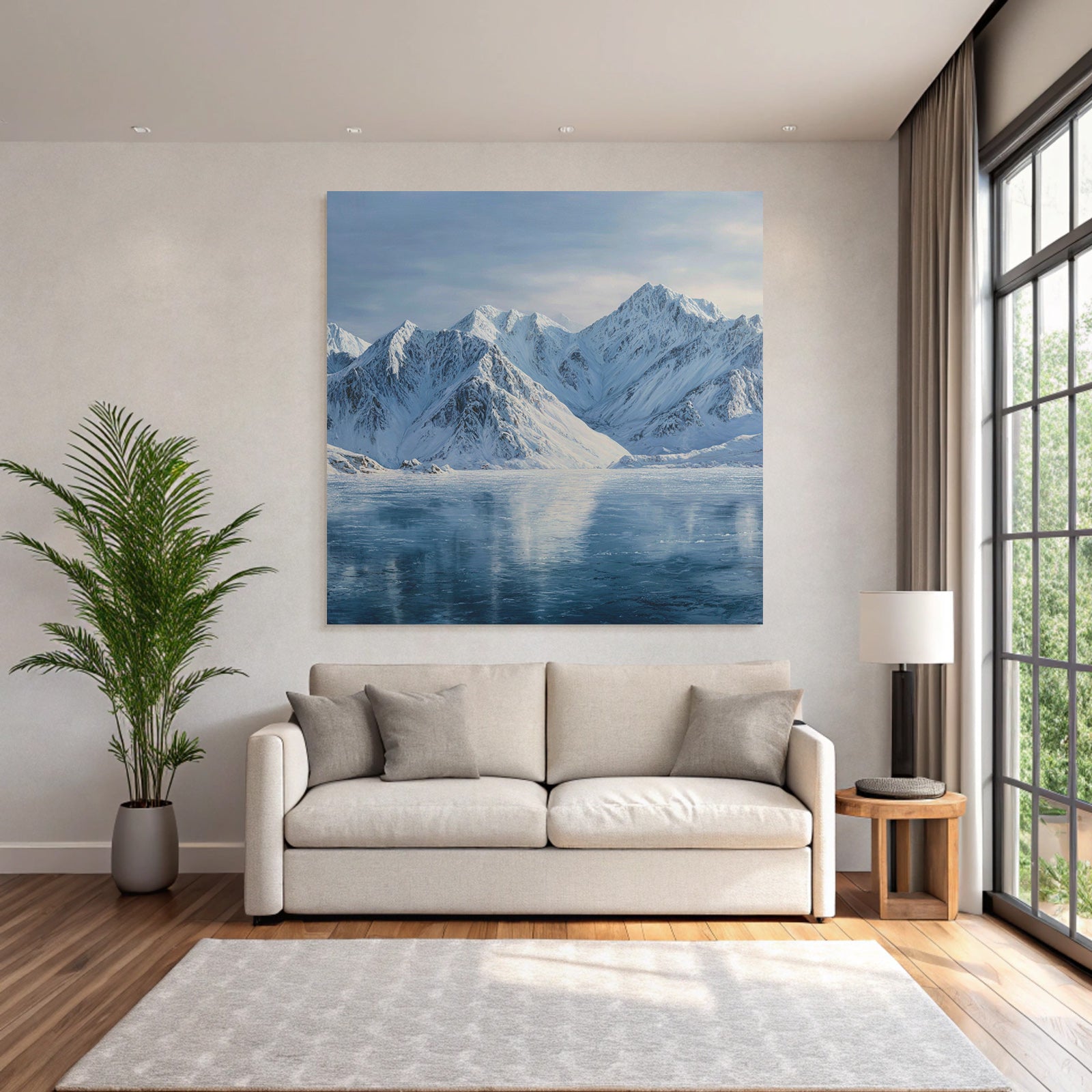 Winterlandschaft Mit Schneebedeckten Bergen Und Spiegelndem Wasser