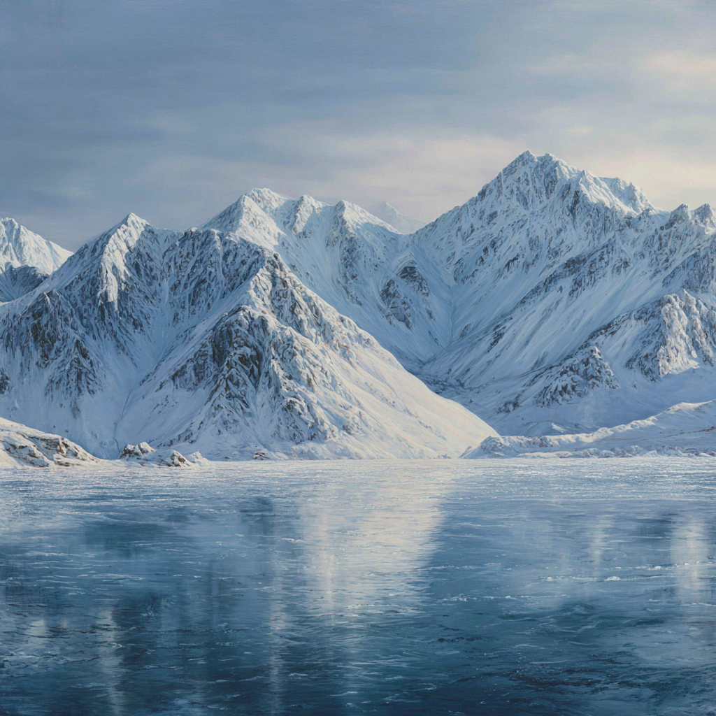 Winterlandschaft Mit Schneebedeckten Bergen Und Spiegelndem Wasser | Eis und Schnee | Natur