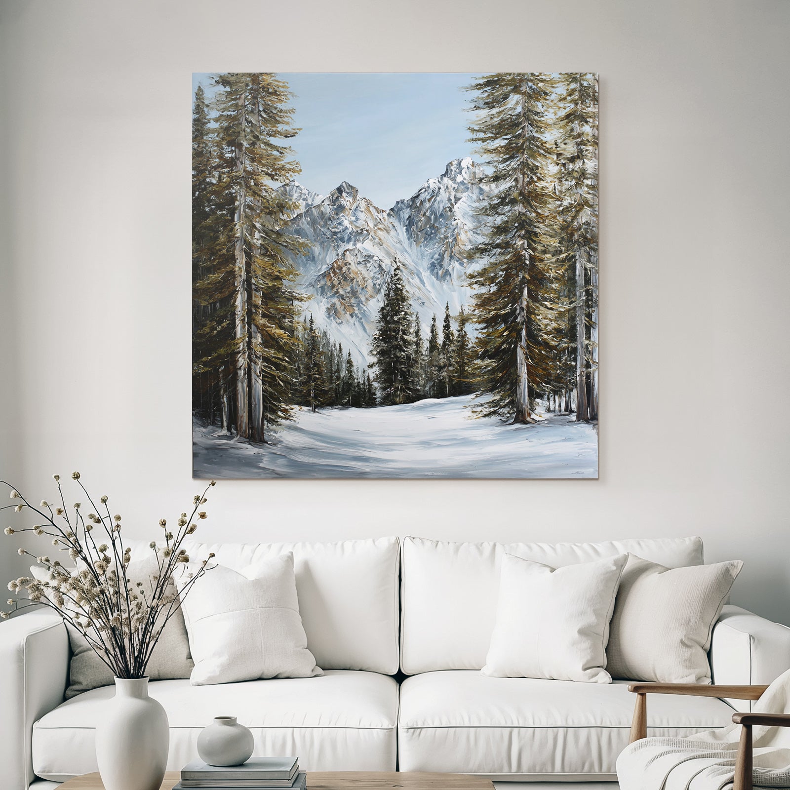 Winterlandschaft Mit Verschneiten Bergen Und Tannen Und Klarem Himmel