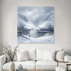Winterlandschaft Mit Zwei Wanderern An Sanftem See Im Verschneiten Tal