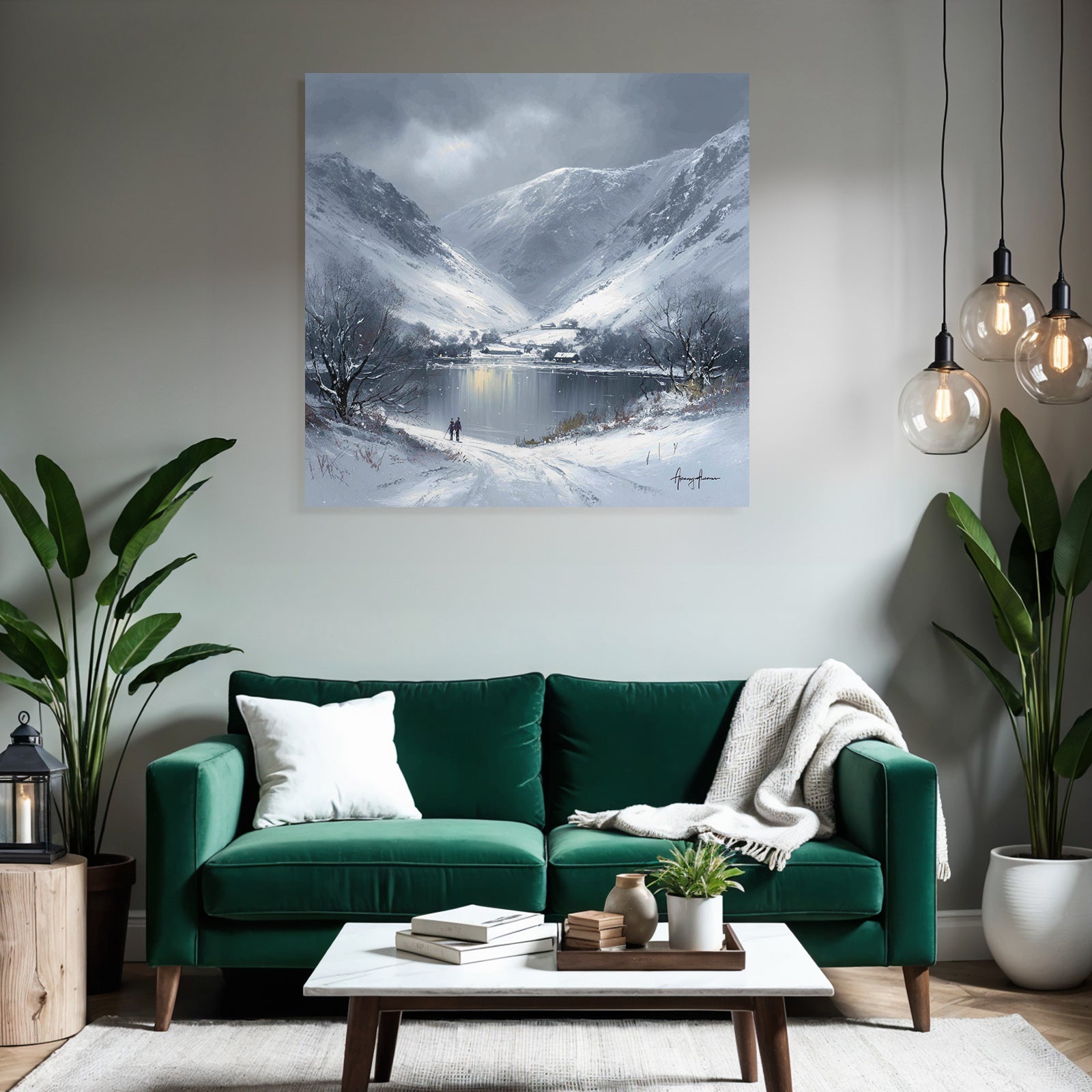 Winterlandschaft Mit Zwei Wanderern An Sanftem See Im Verschneiten Tal