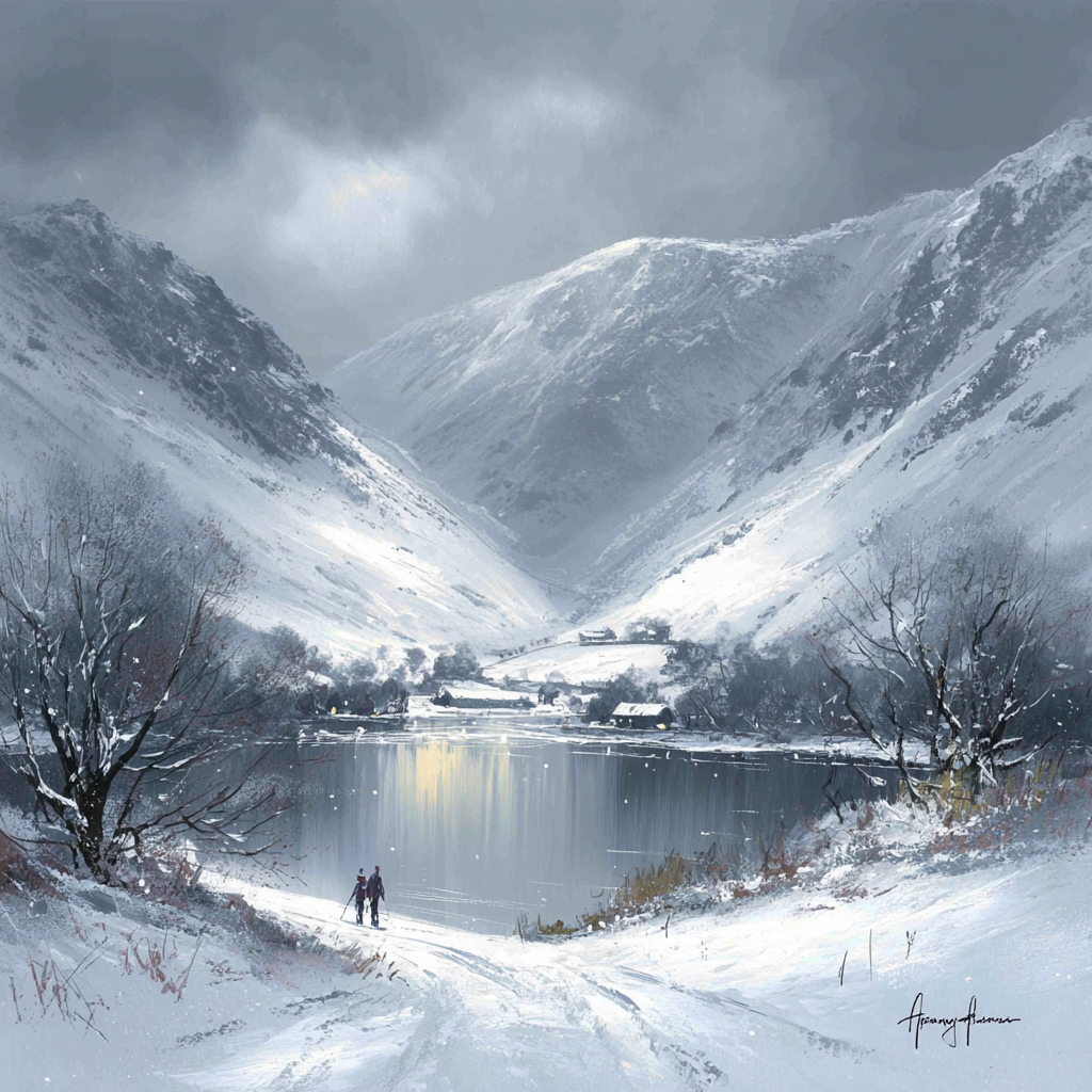 Winterlandschaft Mit Zwei Wanderern An Sanftem See Im Verschneiten Tal | Eis und Schnee | Natur