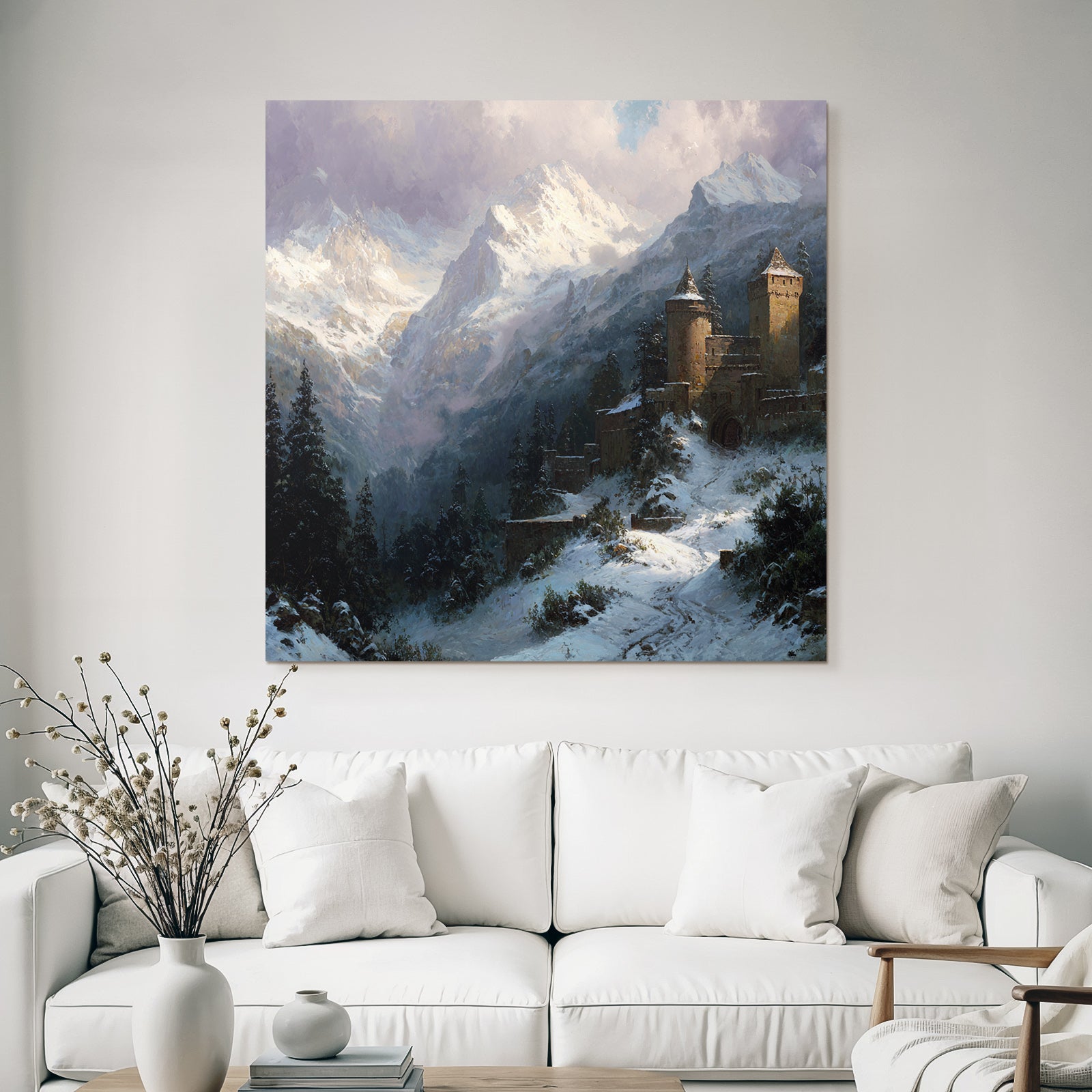 Winterliche Burg Im Verschneiten Gebirge