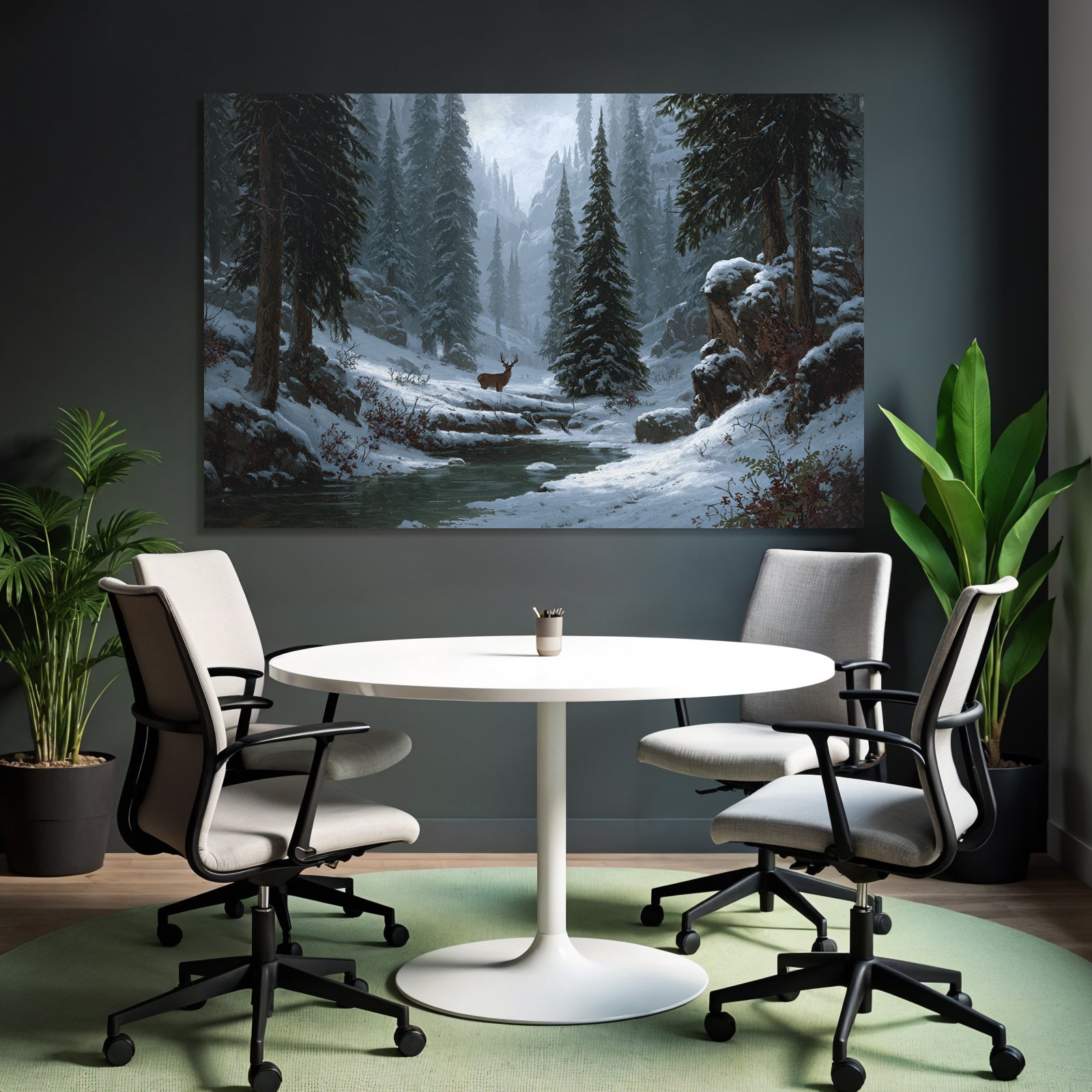 Friedliche Winterlandschaft Mit Schneebedeckten Bergen Und Reh Am Bach