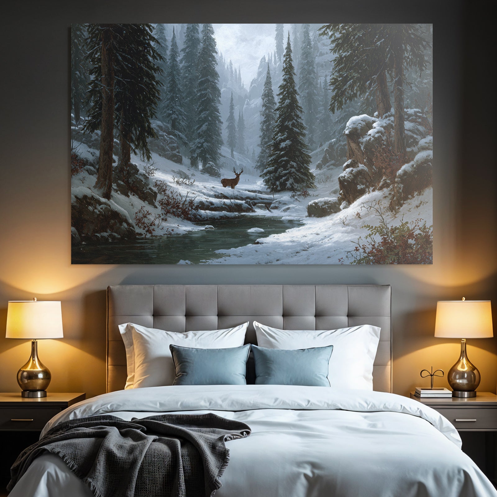 Friedliche Winterlandschaft Mit Schneebedeckten Bergen Und Reh Am Bach