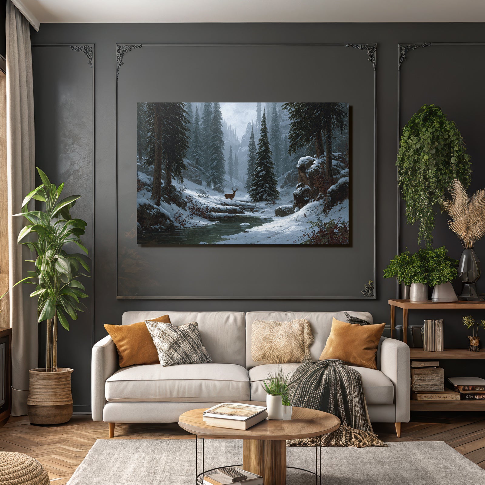 Friedliche Winterlandschaft Mit Schneebedeckten Bergen Und Reh Am Bach