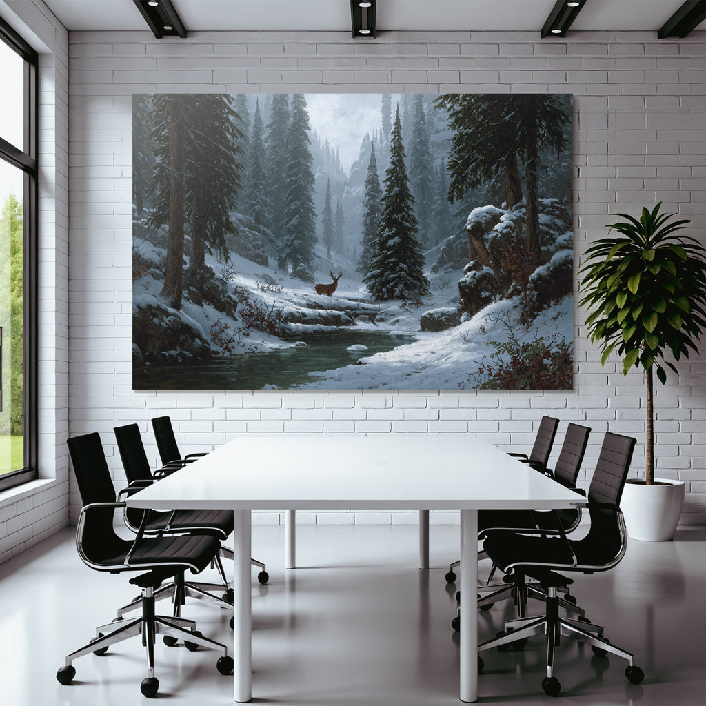 Friedliche Winterlandschaft Mit Schneebedeckten Bergen Und Reh Am Bach
