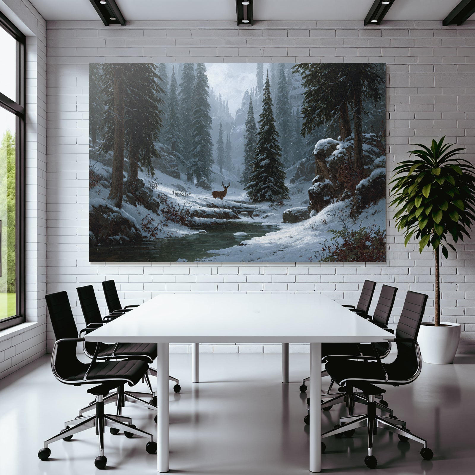 Friedliche Winterlandschaft Mit Schneebedeckten Bergen Und Reh Am Bach