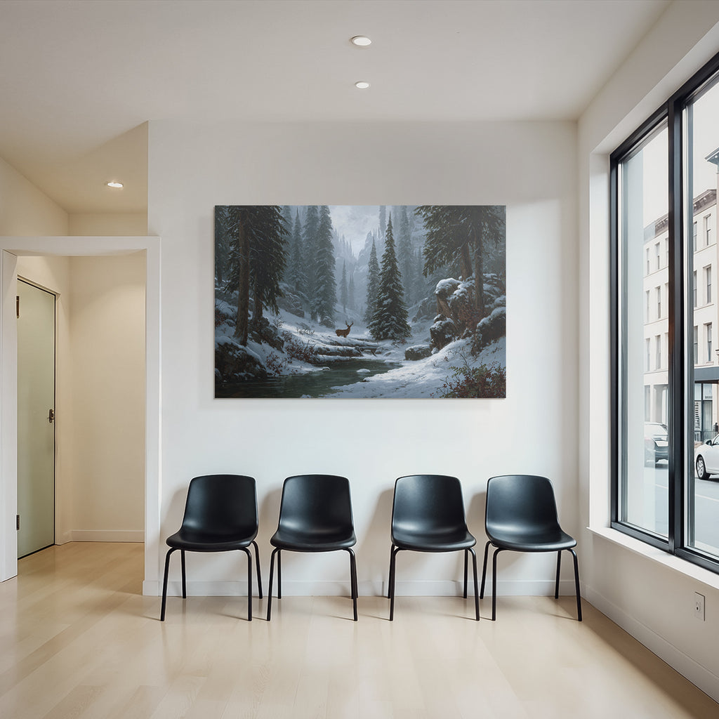Friedliche Winterlandschaft Mit Schneebedeckten Bergen Und Reh Am Bach