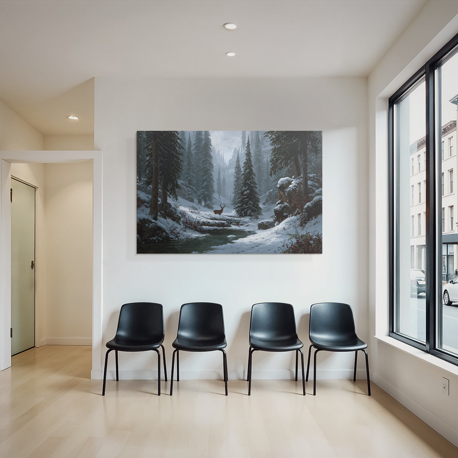 Friedliche Winterlandschaft Mit Schneebedeckten Bergen Und Reh Am Bach