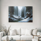 Friedliche Winterlandschaft Mit Schneebedeckten Bergen Und Reh Am Bach