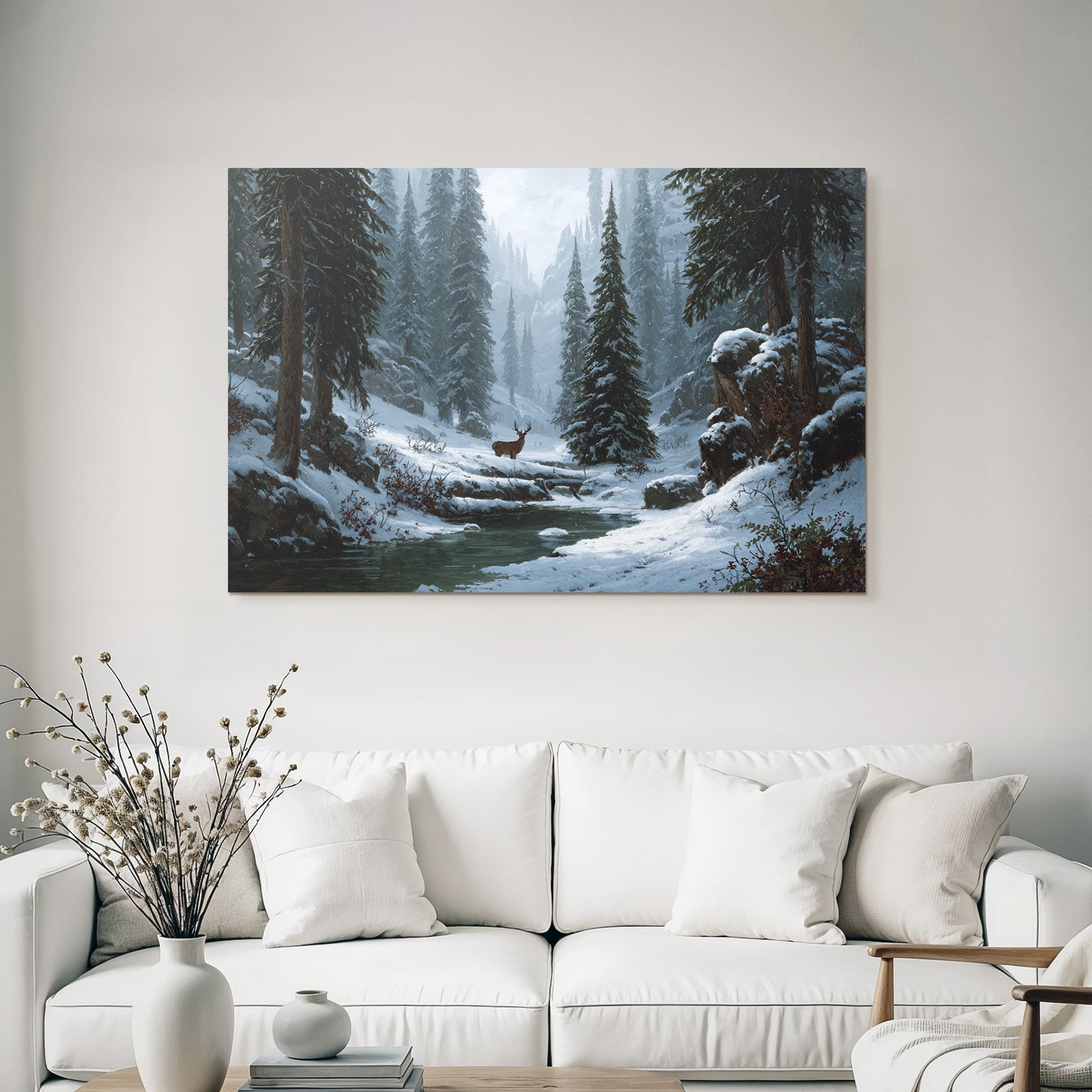 Friedliche Winterlandschaft Mit Schneebedeckten Bergen Und Reh Am Bach