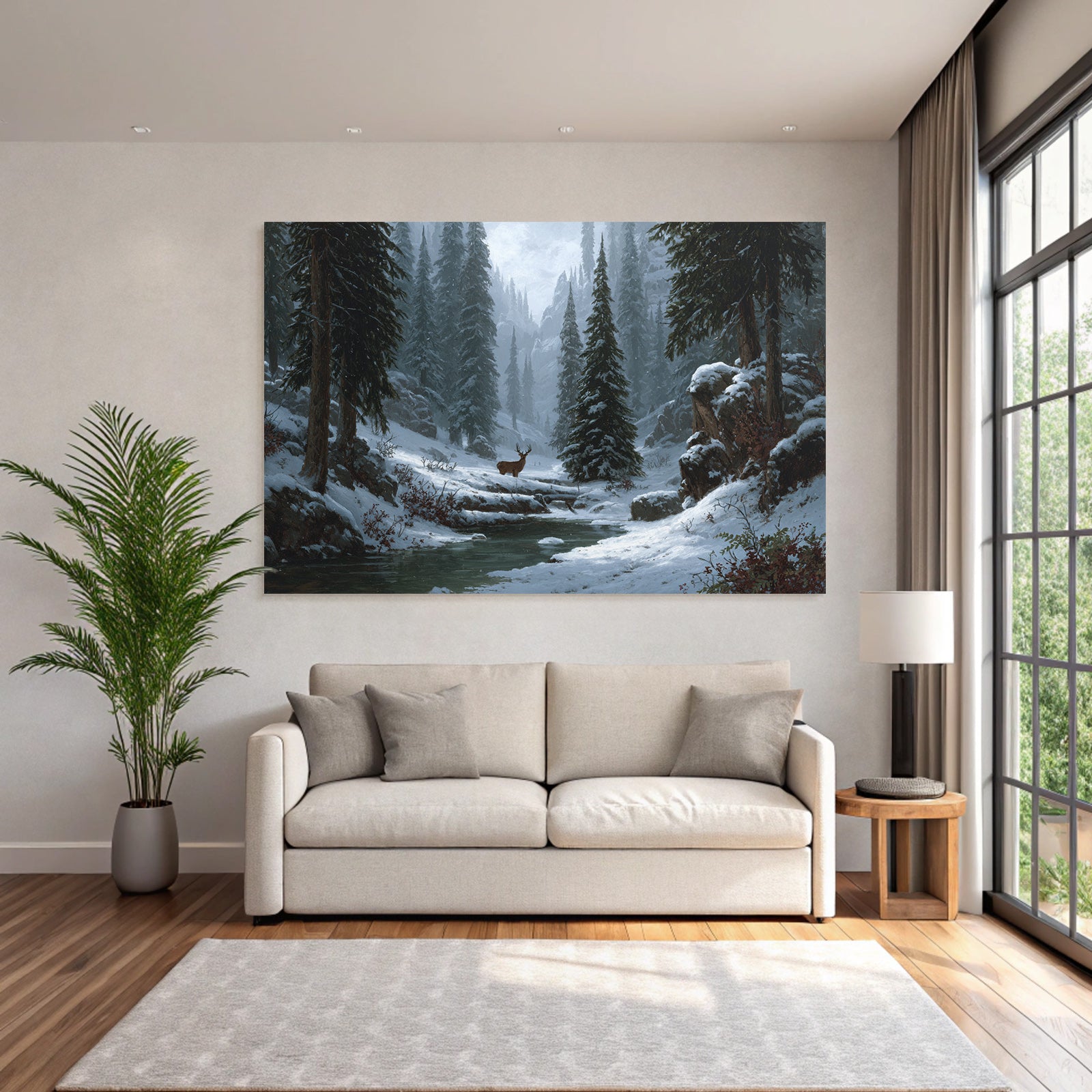Friedliche Winterlandschaft Mit Schneebedeckten Bergen Und Reh Am Bach