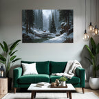 Friedliche Winterlandschaft Mit Schneebedeckten Bergen Und Reh Am Bach