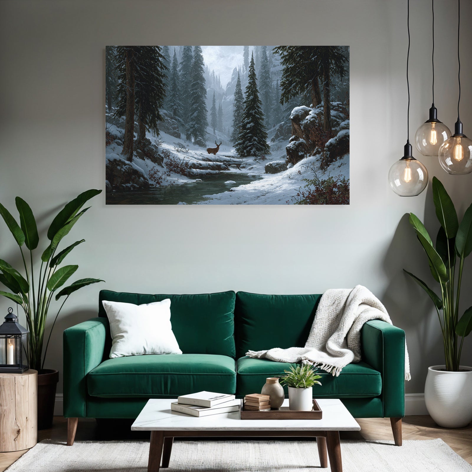 Friedliche Winterlandschaft Mit Schneebedeckten Bergen Und Reh Am Bach