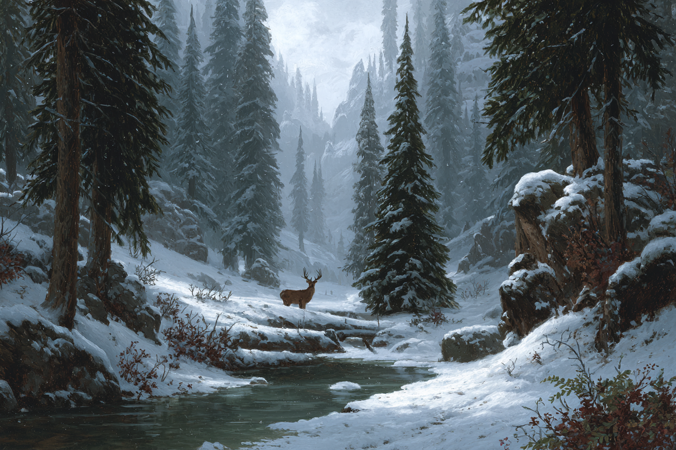 Friedliche Winterlandschaft Mit Schneebedeckten Bergen Und Reh Am Bach | Eis und Schnee | Natur