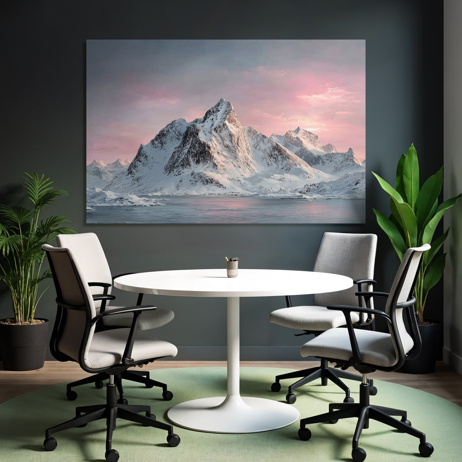 Friedliche Winterlandschaft Mit Schneebergen Spiegelndem Wasser Und Rosa Blaüm Himmel