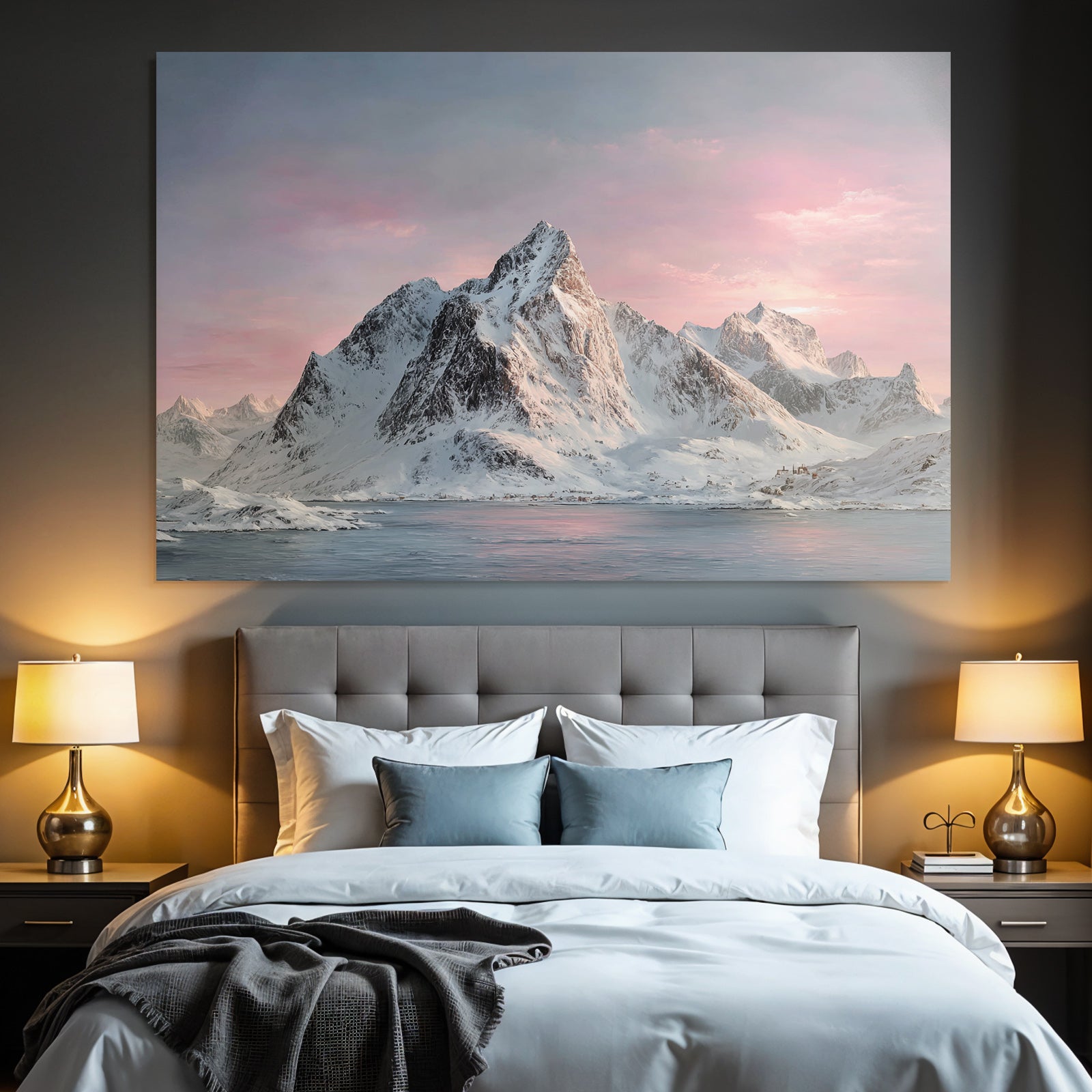 Friedliche Winterlandschaft Mit Schneebergen Spiegelndem Wasser Und Rosa Blaüm Himmel