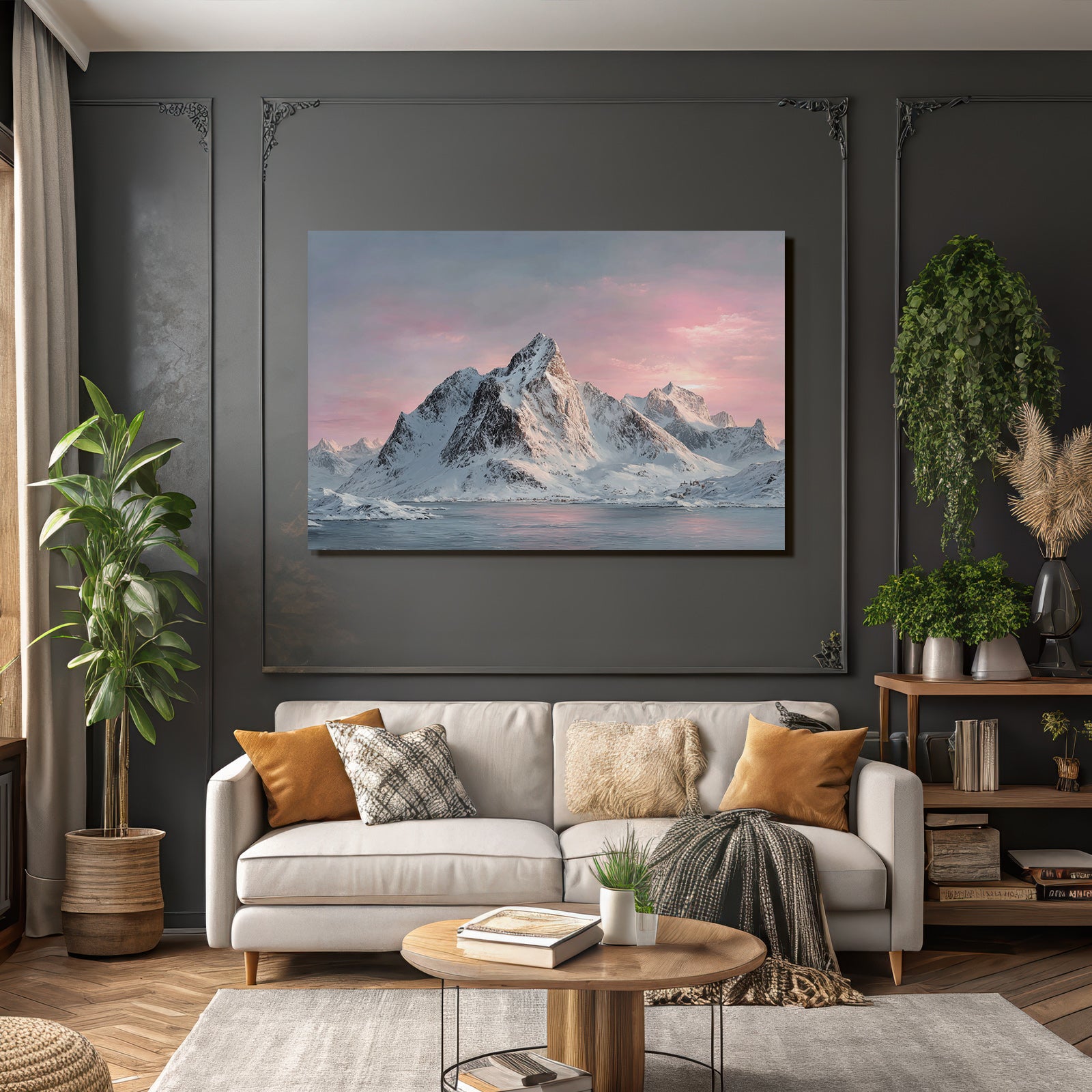 Friedliche Winterlandschaft Mit Schneebergen Spiegelndem Wasser Und Rosa Blaüm Himmel