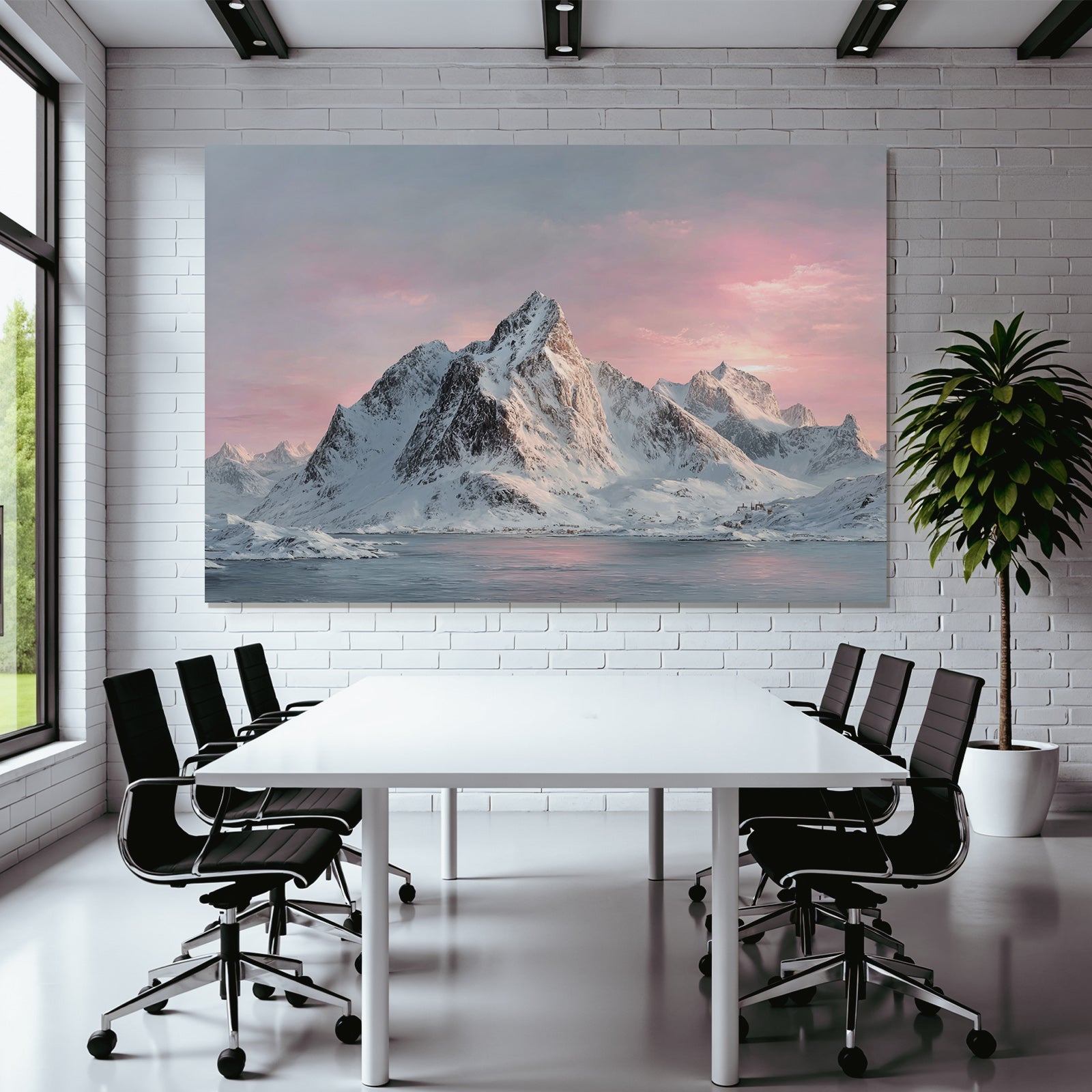 Friedliche Winterlandschaft Mit Schneebergen Spiegelndem Wasser Und Rosa Blaüm Himmel