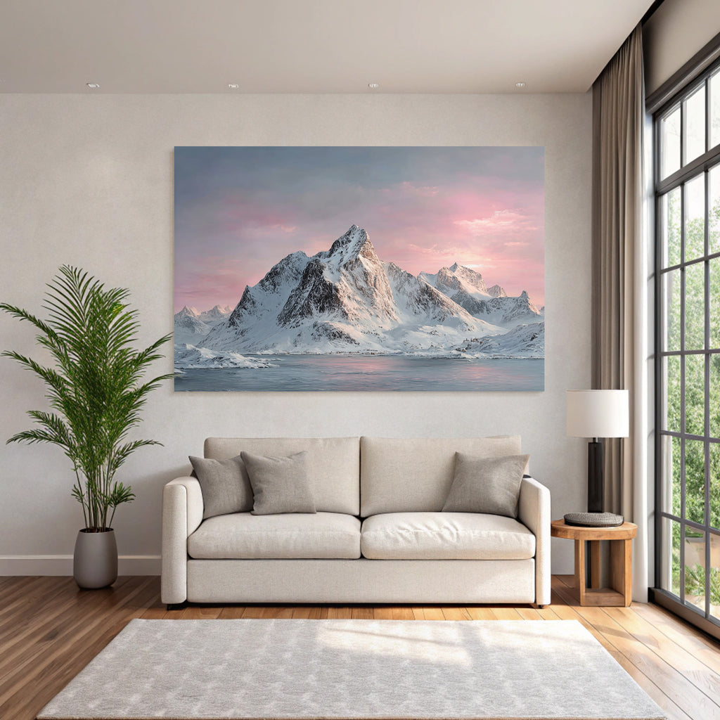Friedliche Winterlandschaft Mit Schneebergen Spiegelndem Wasser Und Rosa Blaüm Himmel