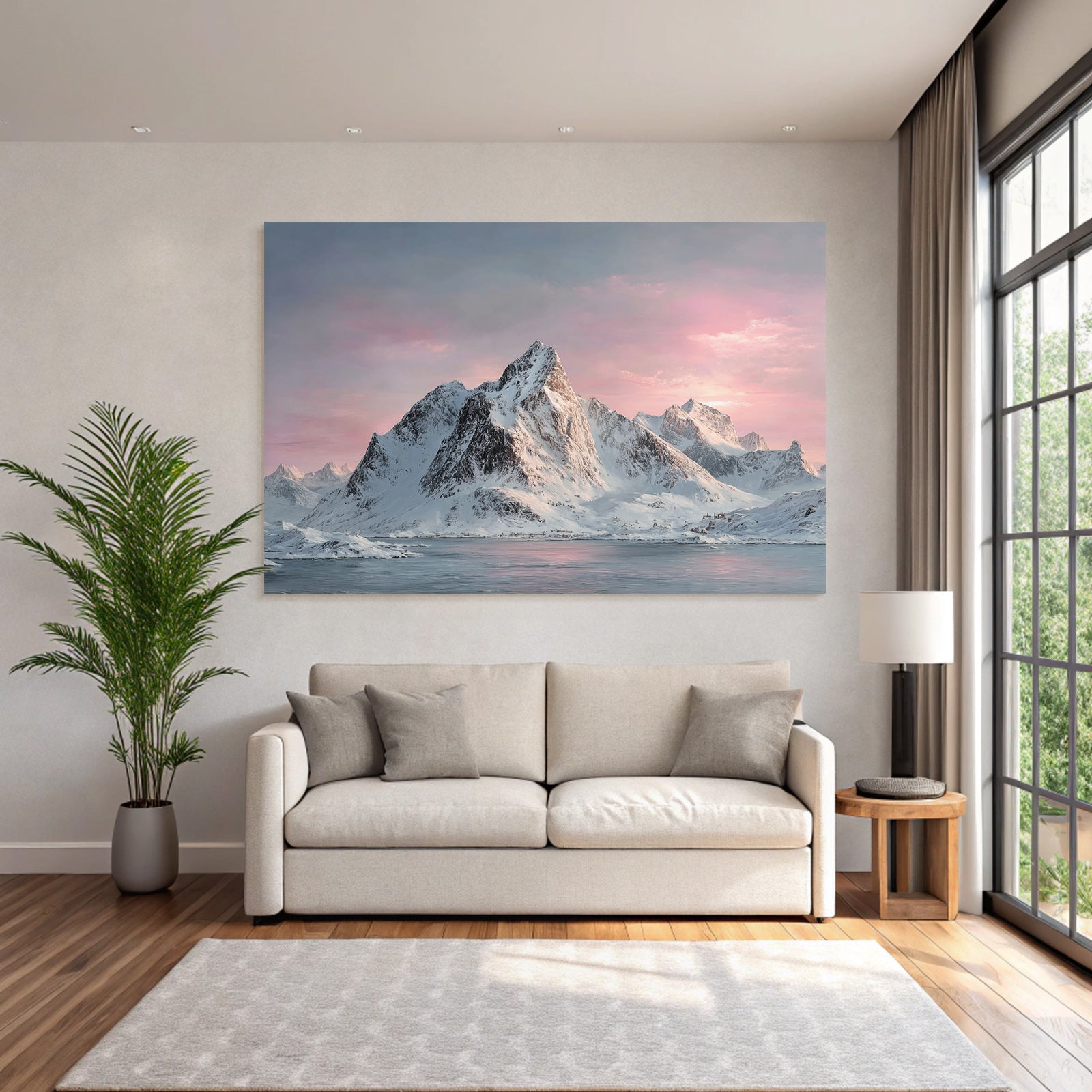 Friedliche Winterlandschaft Mit Schneebergen Spiegelndem Wasser Und Rosa Blaüm Himmel