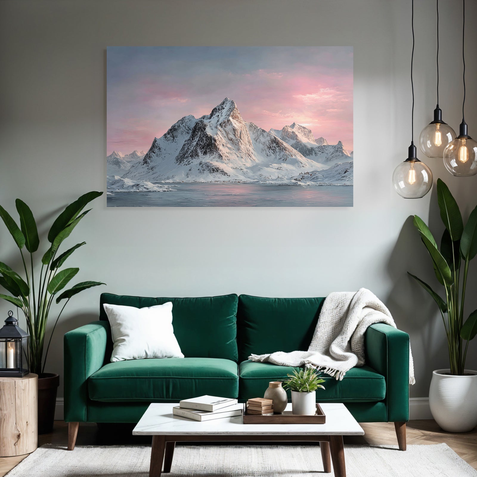 Friedliche Winterlandschaft Mit Schneebergen Spiegelndem Wasser Und Rosa Blaüm Himmel