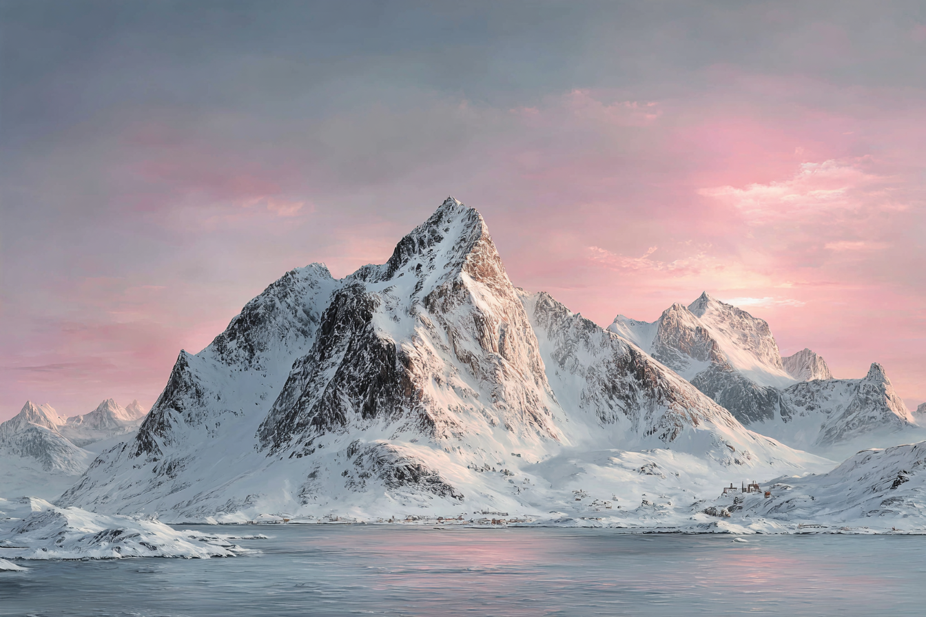 Friedliche Winterlandschaft Mit Schneebergen Spiegelndem Wasser Und Rosa Blaüm Himmel | Eis und Schnee | Natur