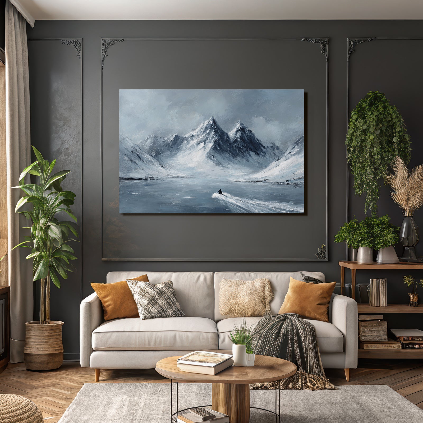Person Auf Schneemobil Fährt Über Wasser In Winterlicher Gebirgslandschaft