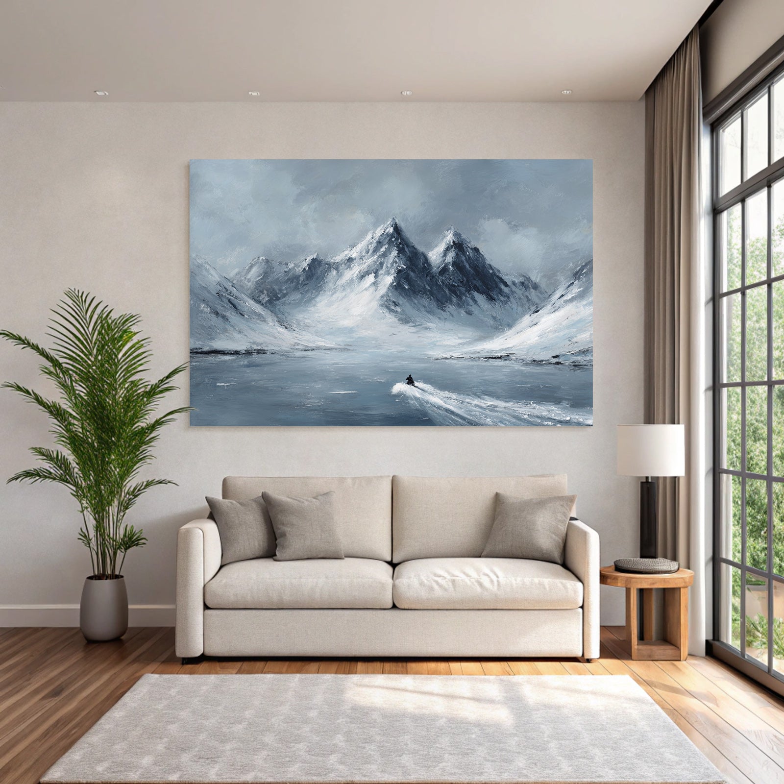 Person Auf Schneemobil Fährt Über Wasser In Winterlicher Gebirgslandschaft