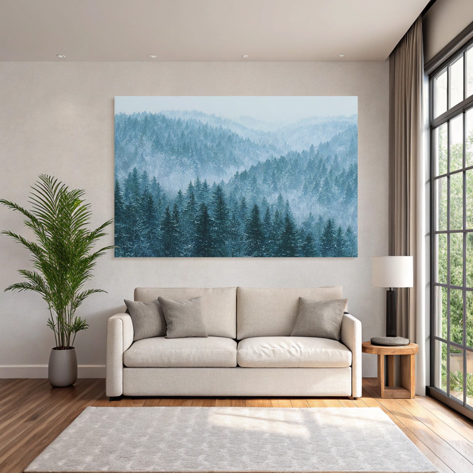 Ruhige Winterlandschaft Im Verschneiten Nadelwald Mit Dunst