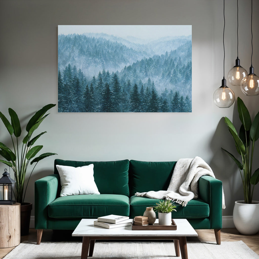 Ruhige Winterlandschaft Im Verschneiten Nadelwald Mit Dunst