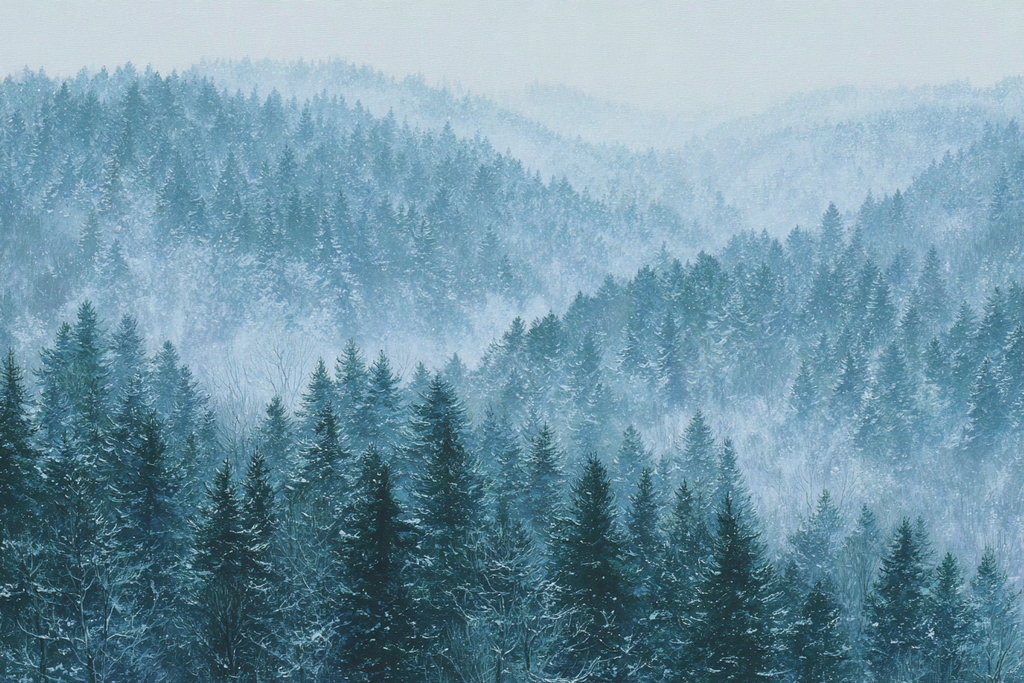 Ruhige Winterlandschaft Im Verschneiten Nadelwald Mit Dunst | Eis und Schnee | Natur