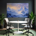 Schneebedeckte Berge Und Burg Im Morgendlichen Fantasy Licht