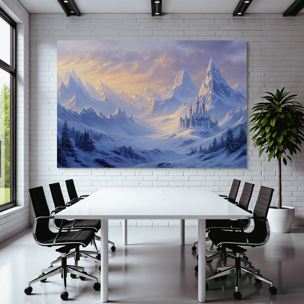 Schneebedeckte Berge Und Burg Im Morgendlichen Fantasy Licht