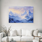 Schneebedeckte Berge Und Burg Im Morgendlichen Fantasy Licht