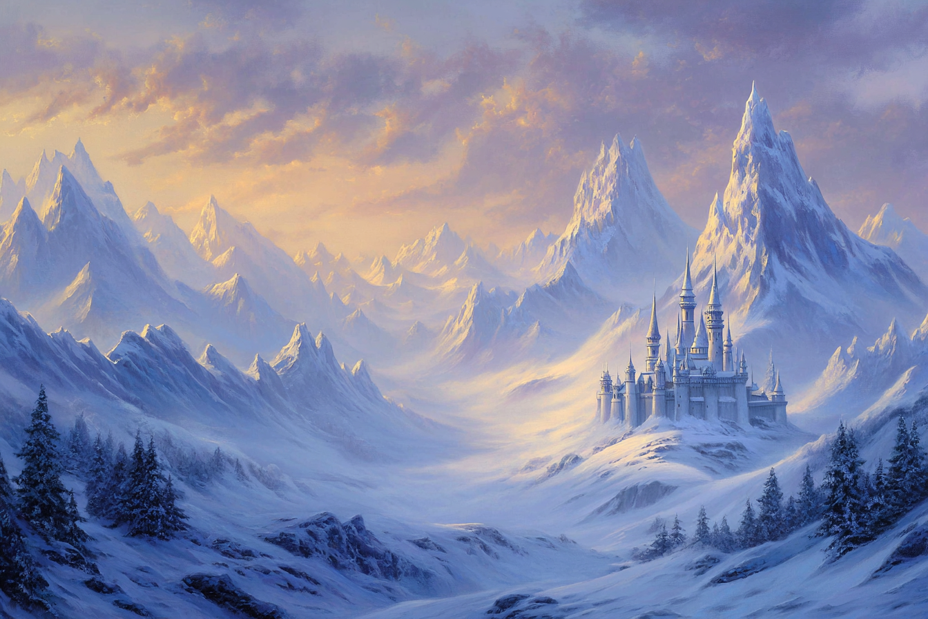 Schneebedeckte Berge Und Burg Im Morgendlichen Fantasy Licht | Eis und Schnee | Natur
