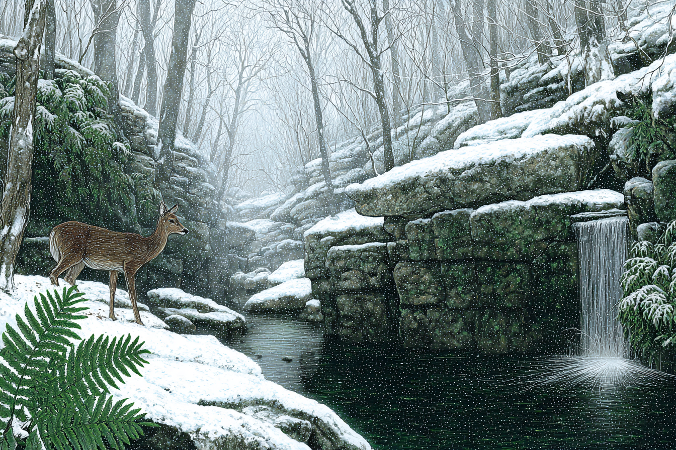 Winterlandschaft Mit Reh Am Bach | Eis und Schnee | Natur